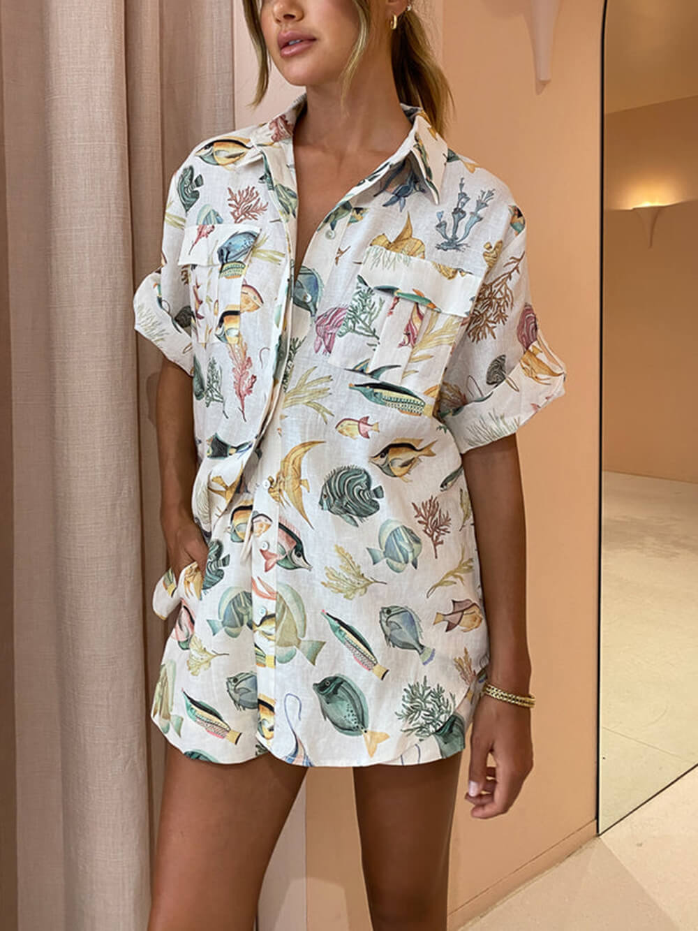 Women's tie-dye fish print shirt and shorts set — back view
