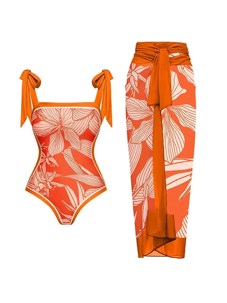 Women's tie-strap print swimsuit and wrap skirt set