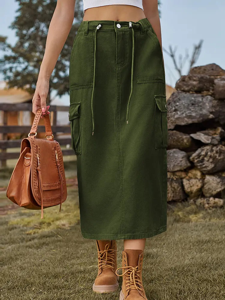 Women's tie-waist denim midi skirt — alternate angle
