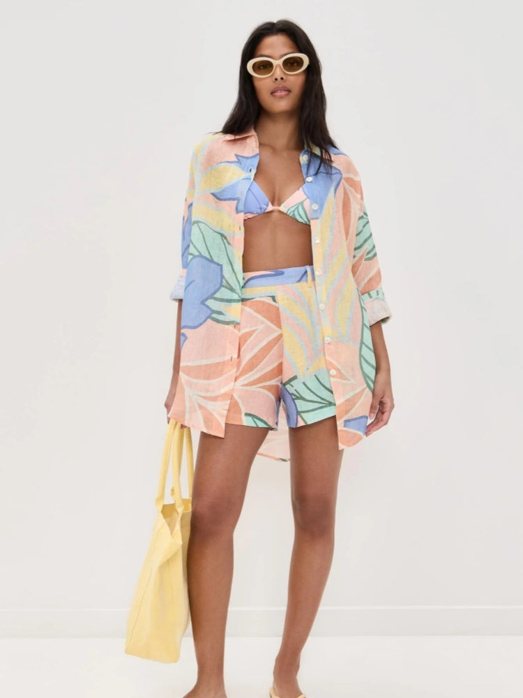 Women's tropical leaf print shirt and shorts set