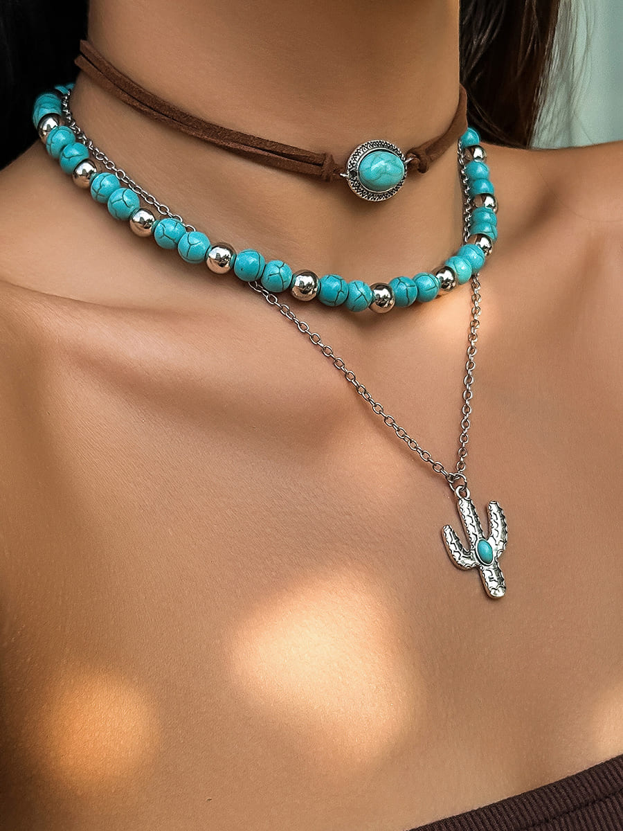 Women's turquoise cactus charm layered necklace