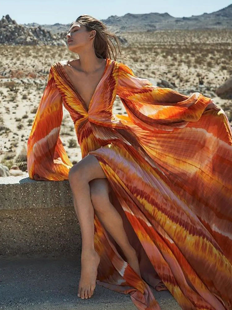 Women's V-neck long sleeve tropical print swim set
