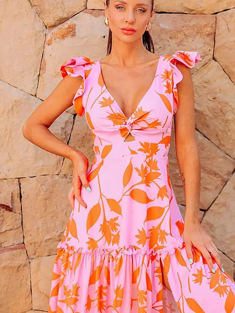 Women's V-neck ruffle trim swimsuit set — front detail