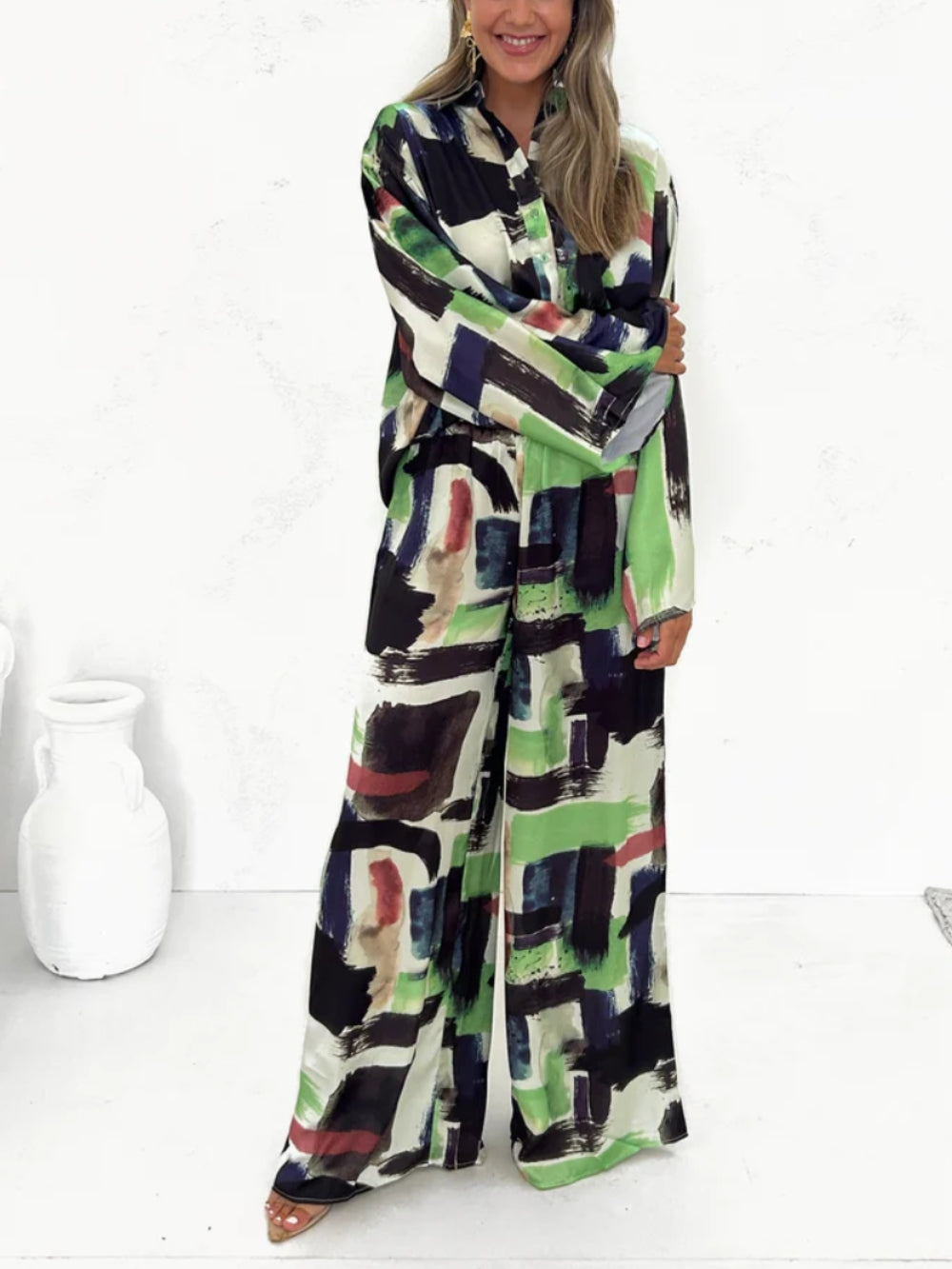 Women's green vacay print elastic waist jumpsuit