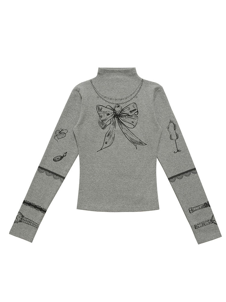 Women's black vintage print high-neck top - styled outfit