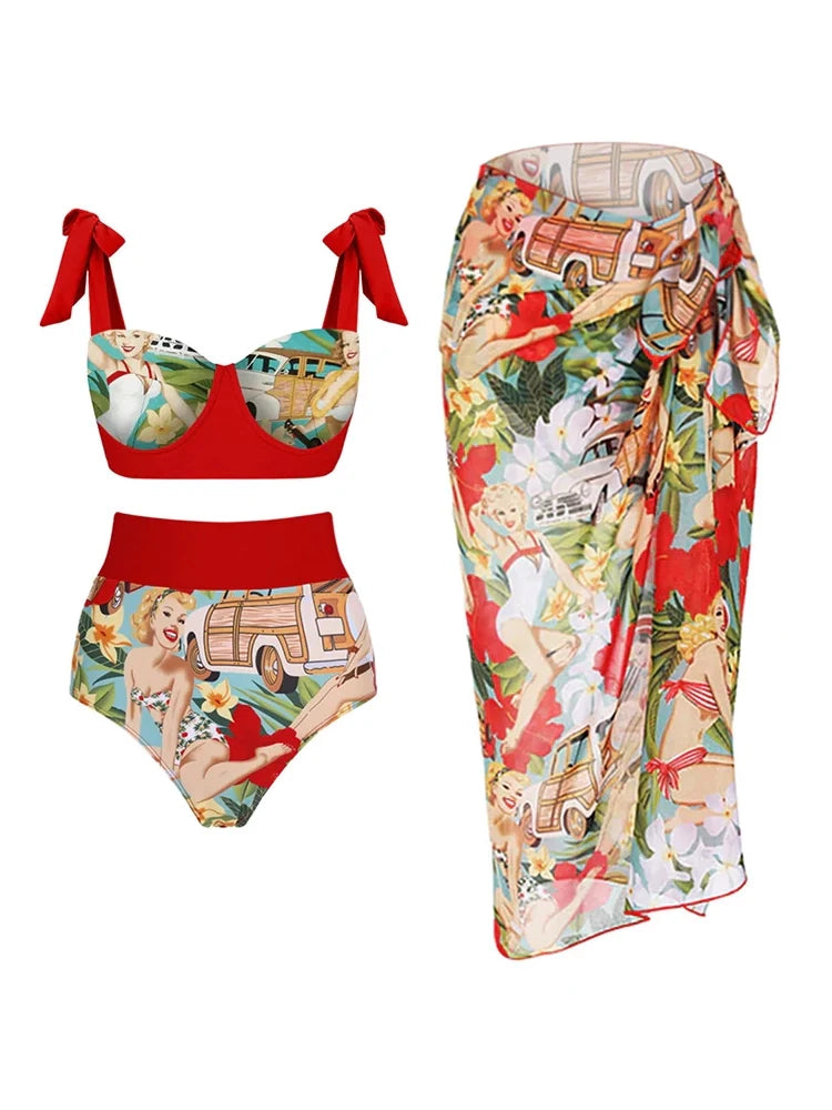 Women's vintage print high-waist bikini set