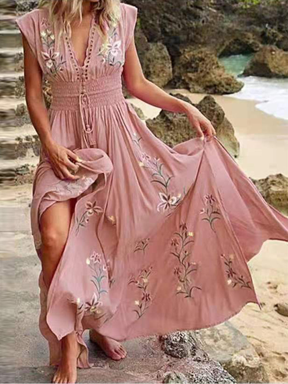 Women's V-neck boho print maxi dress