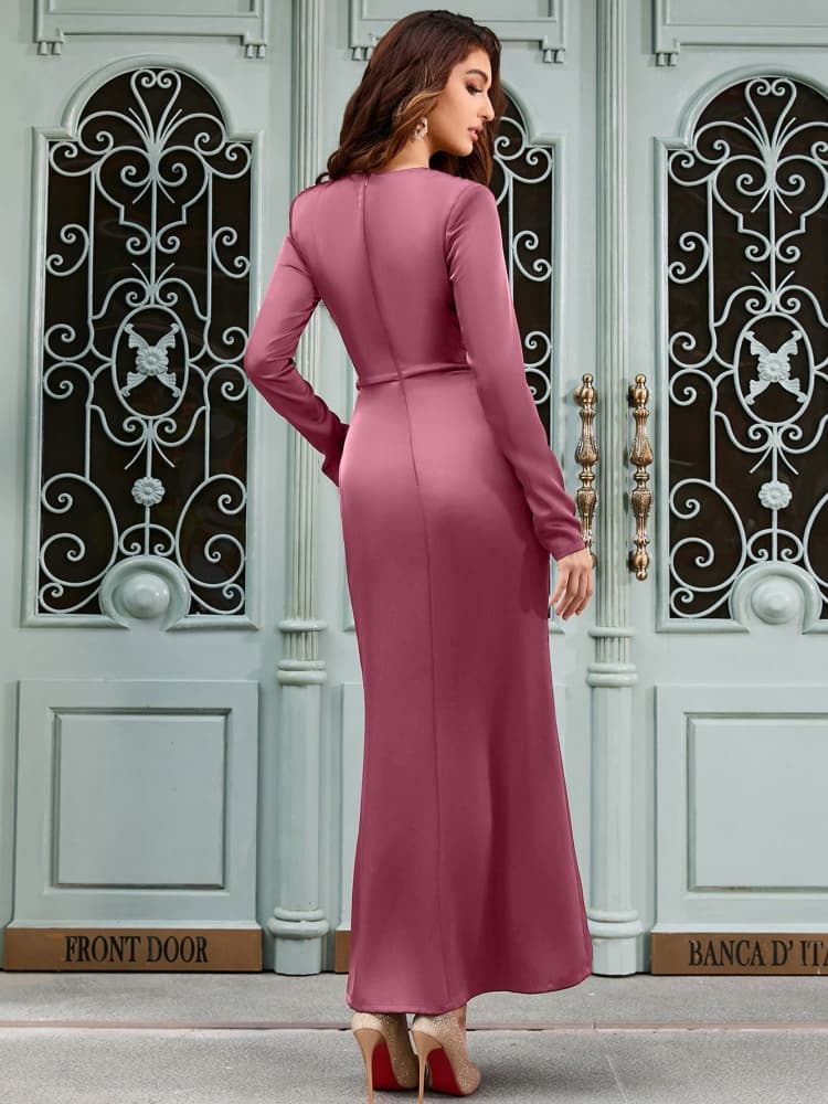 Women's V-neck slit button maxi dress — back view
