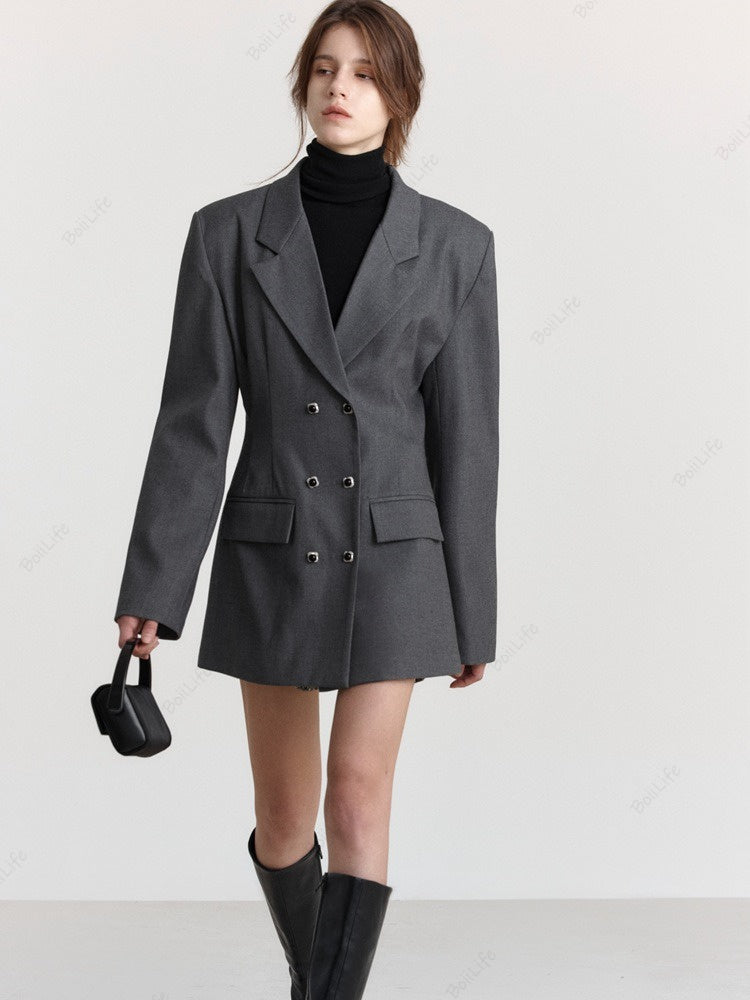 Women's waist-cinched wool blazer, styled outfit