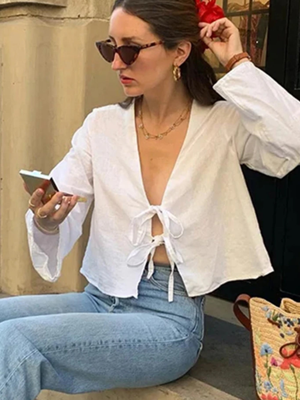Women's White Backless Puff Sleeve Blouse