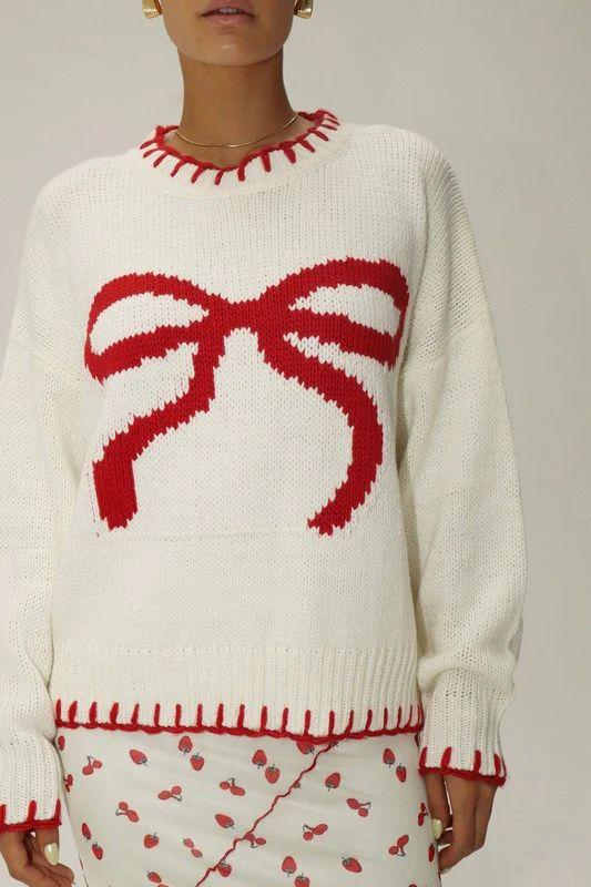 Women's white bow jacquard sweater — alternate angle