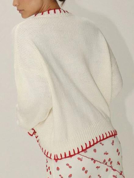 Women's white bow jacquard sweater — full length