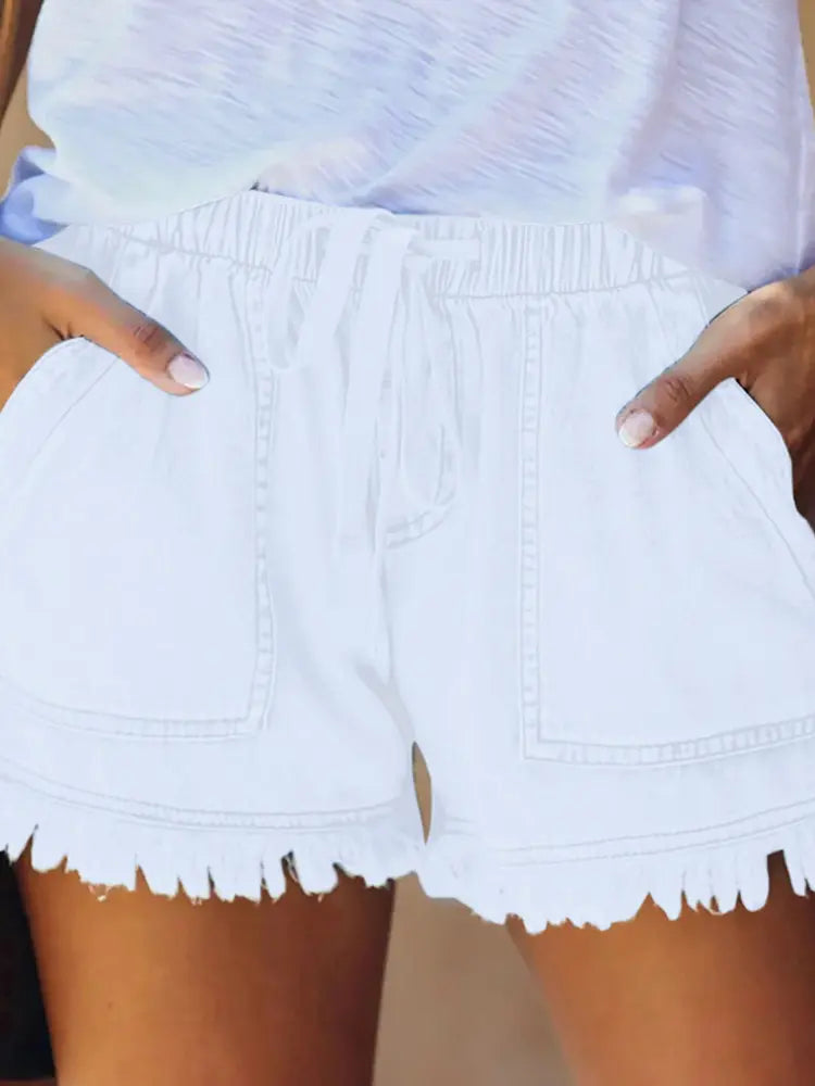 Women's white high-waist drawstring denim shorts