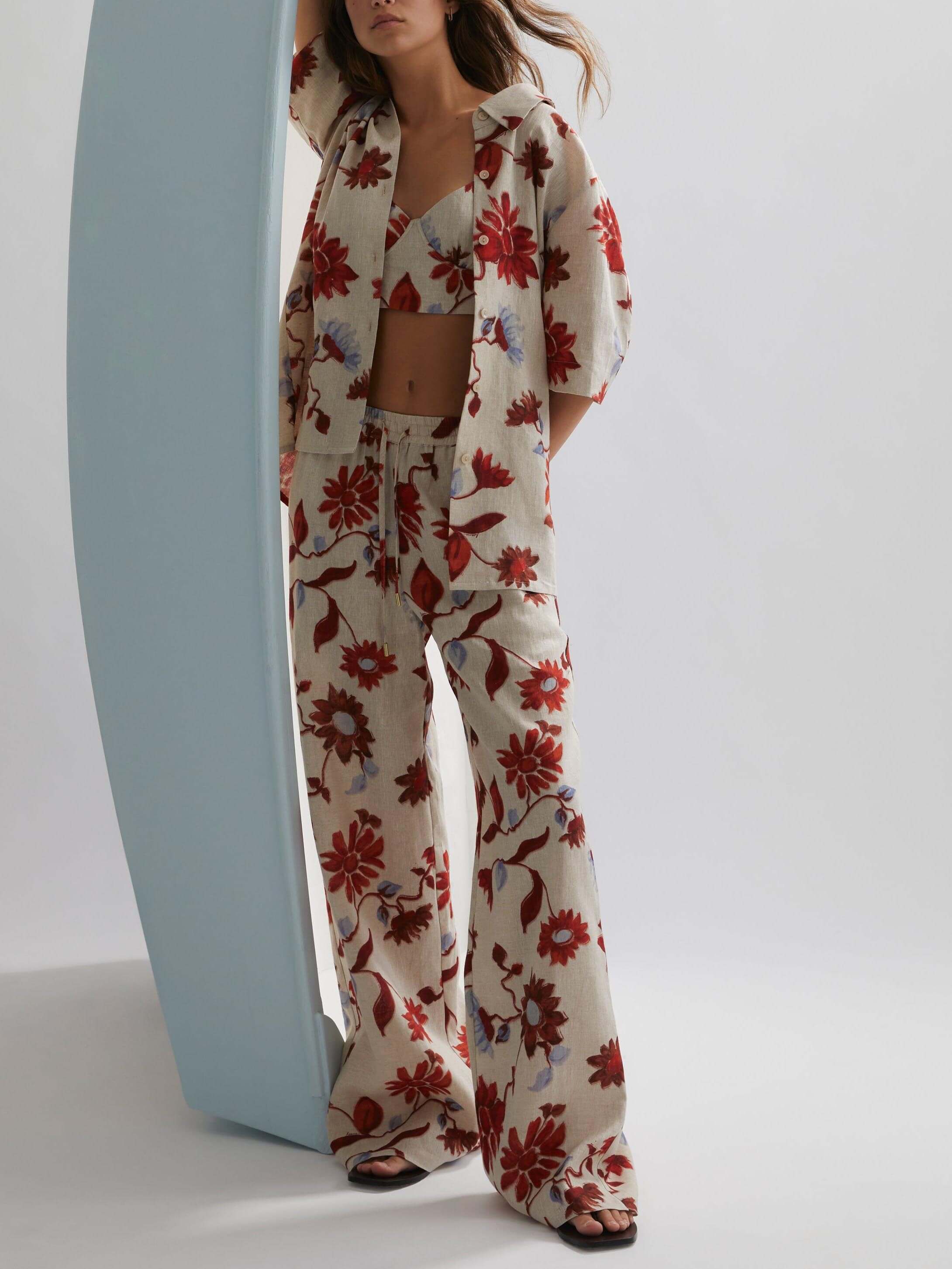 Women's White Floral Lace-Up Wide-Leg Trousers — front view