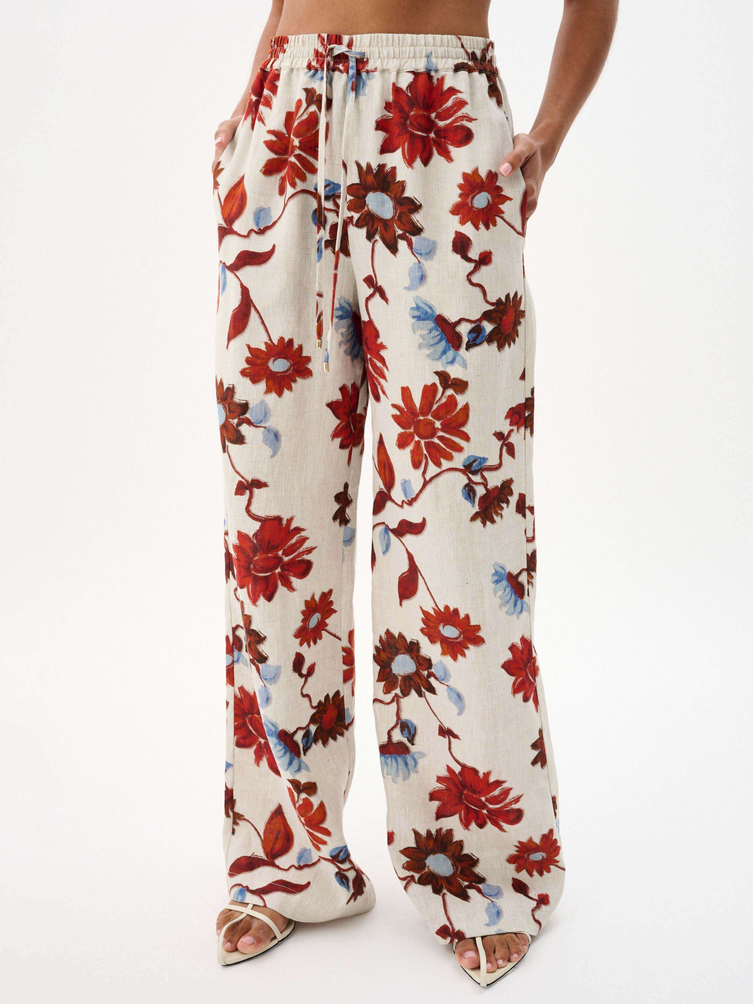 Women's White Floral Lace-Up Wide-Leg Trousers — fabric detail