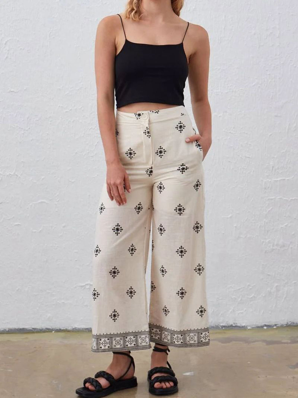 Women's white geometric embroidered wide-leg trousers