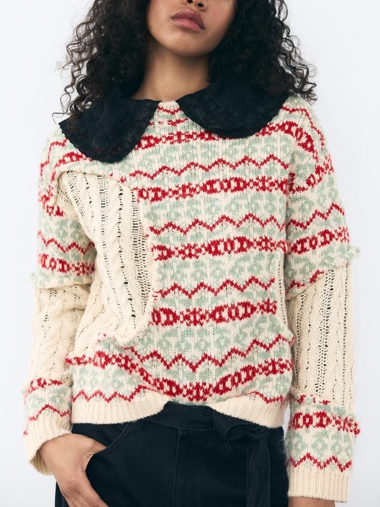 Women's white jacquard knit sweater