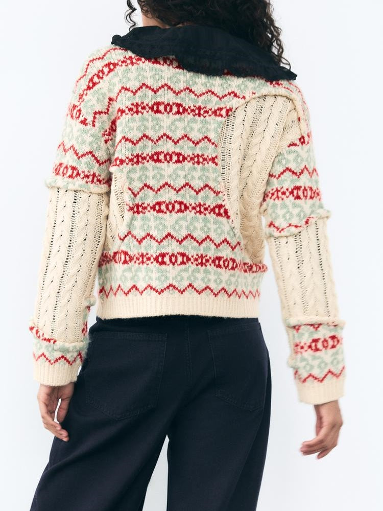 Women's white jacquard knit sweater — alternate angle