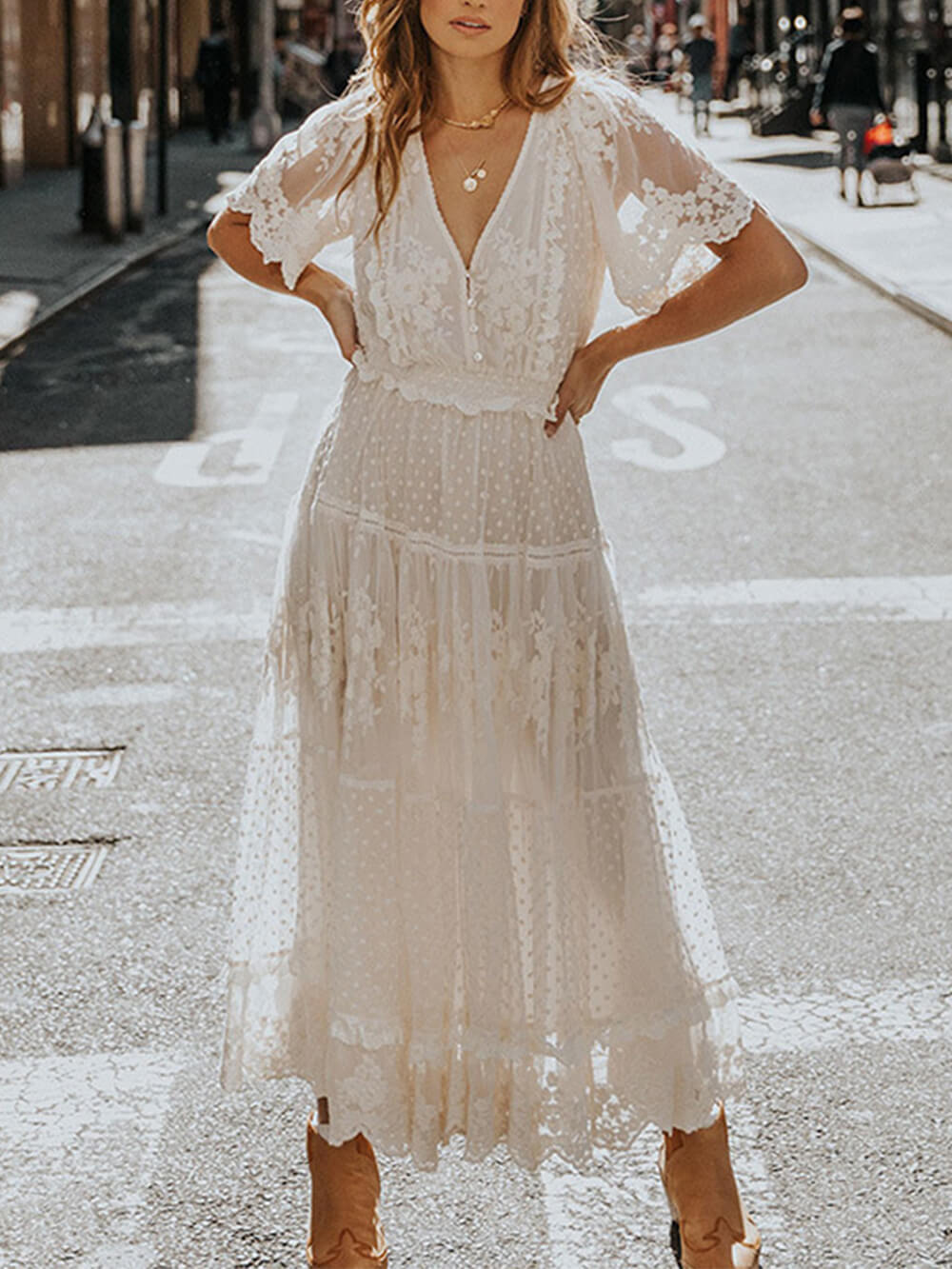 Women's White V-Neck Lace Midi Dress