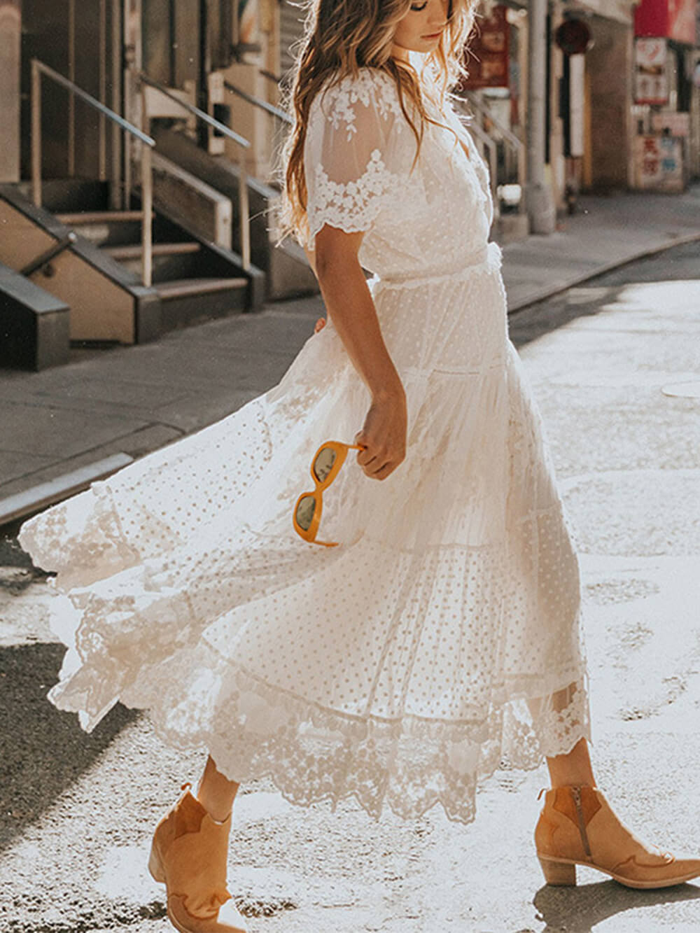 Women's White V-Neck Lace Midi Dress — alternate angle