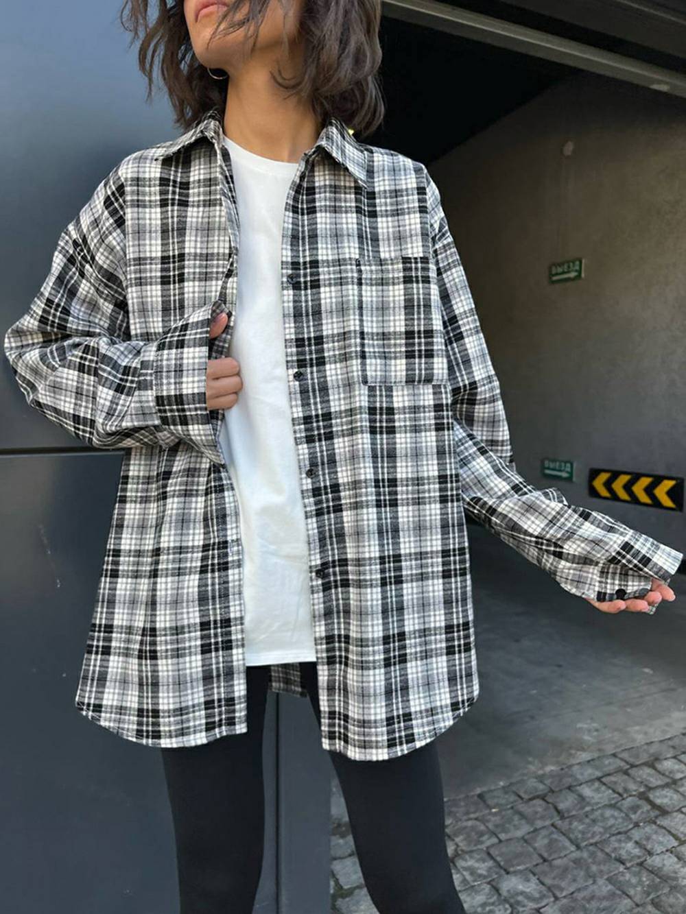 Women's white plaid pocket blouse
