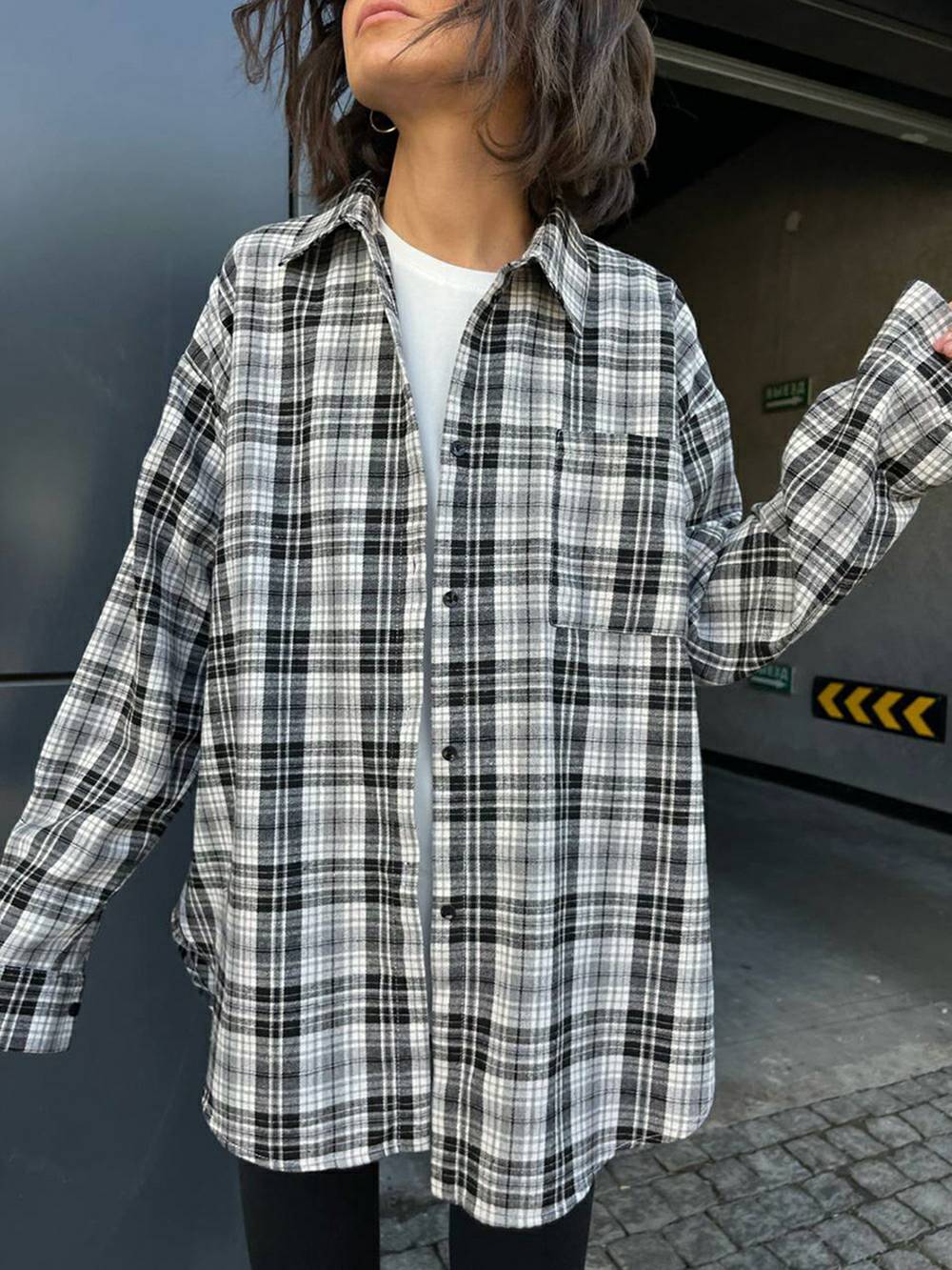 Women's white plaid pocket blouse