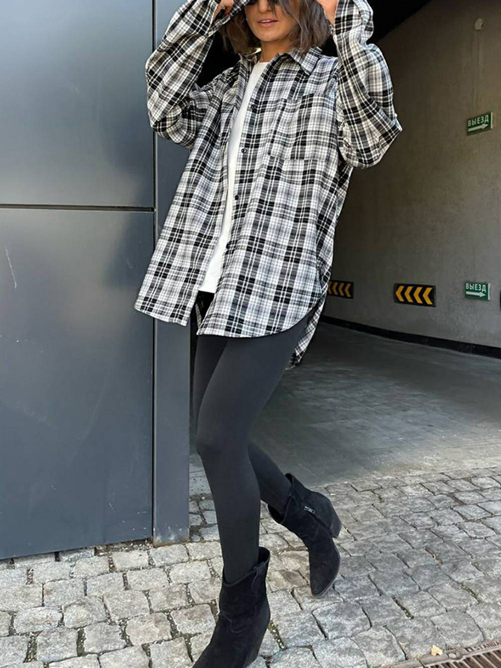 Women's white plaid pocket blouse