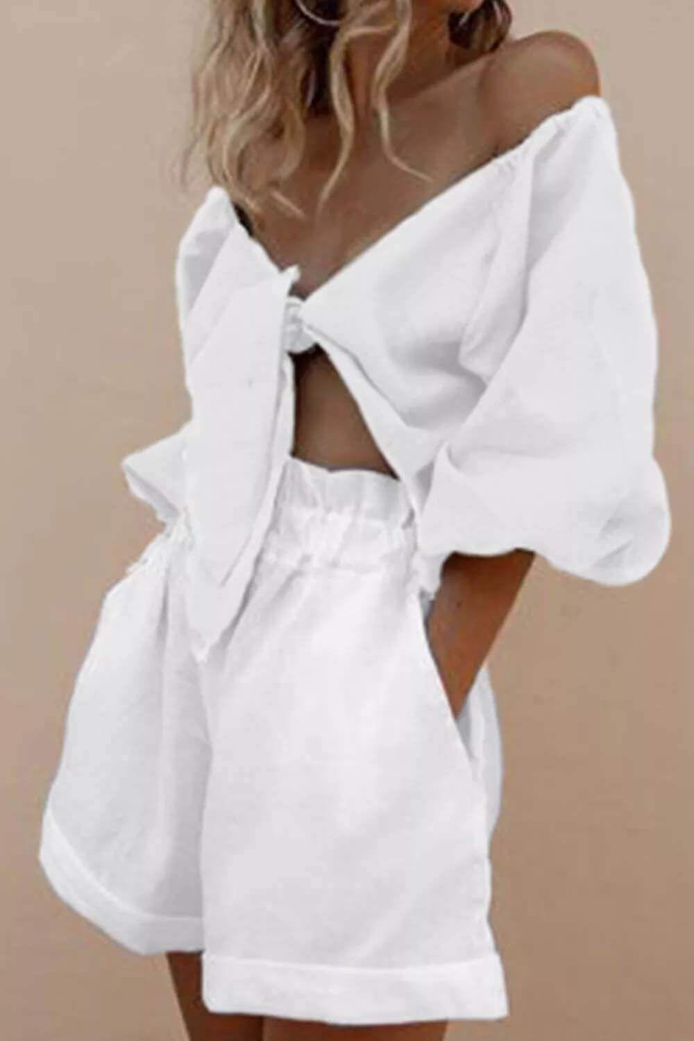 Women's White Puff Sleeve Wrap Front Shorts Set