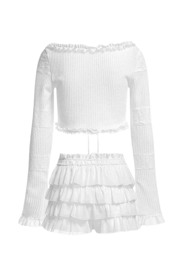 Women's white ruffle top and shorts co-ord set — alternate angle