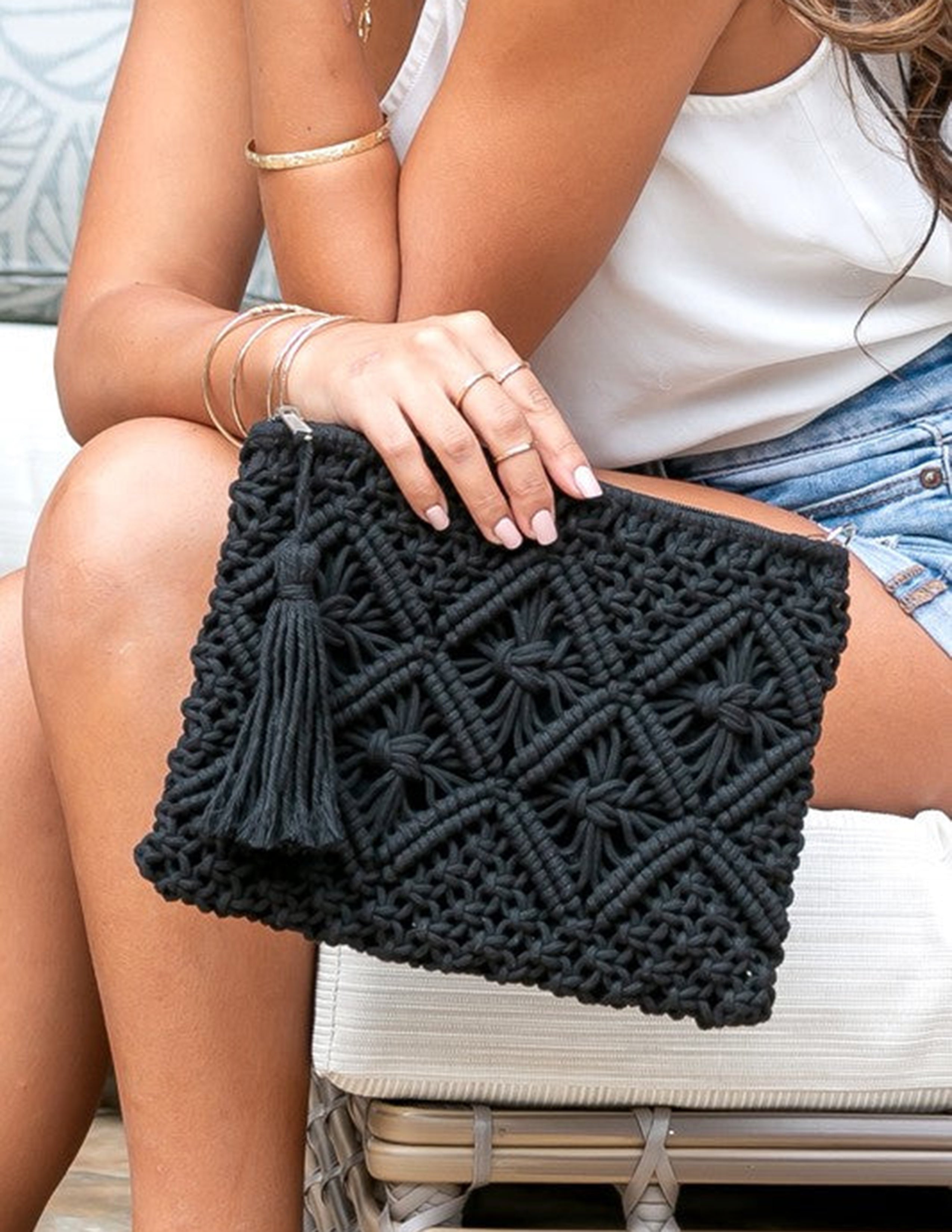 Women's Woven Diamond-Weave Tassel Clutch — alternate angle