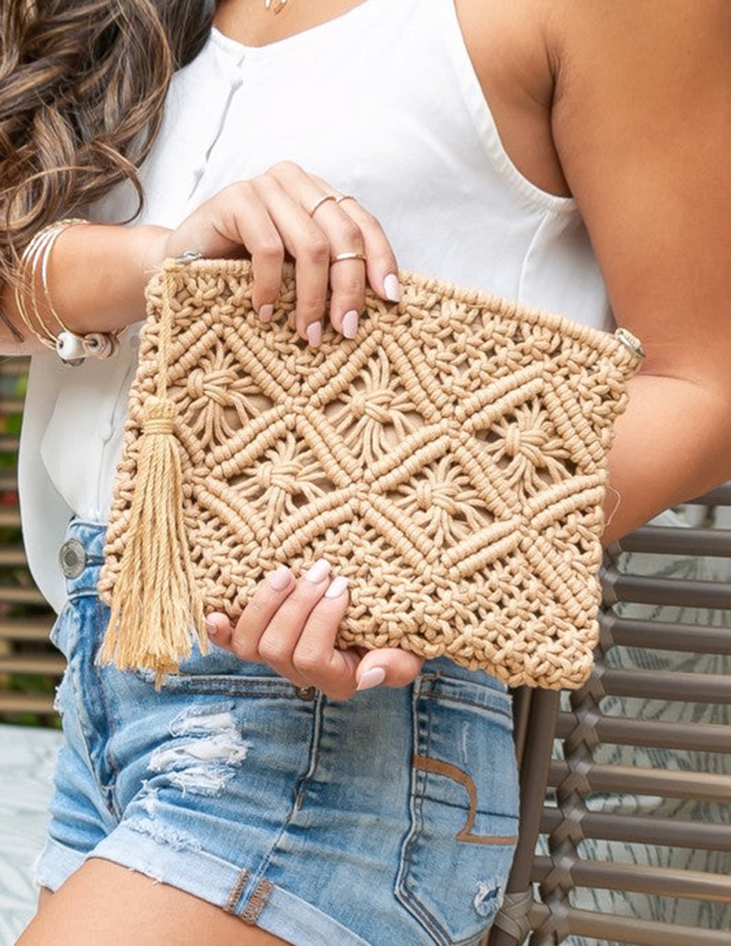 Women's Woven Diamond-Weave Tassel Clutch — side detail