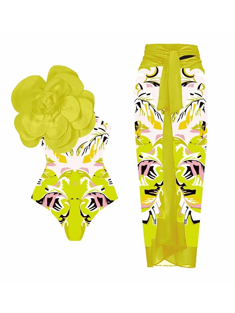 Women's yellow 3D floral applique one-piece swimsuit