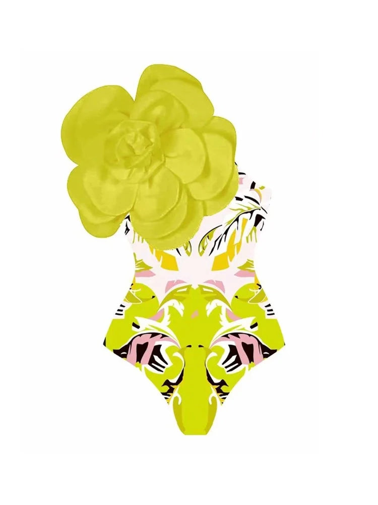 Women's yellow 3D floral applique one-piece swimsuit — detail view