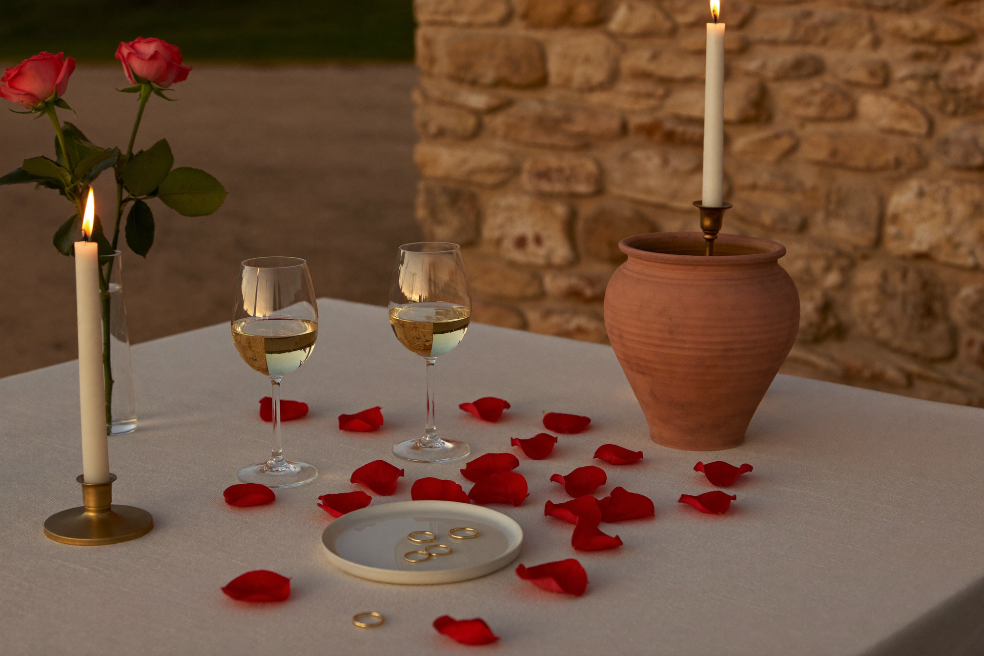 Date night outfits — candlelit table with wine, rose petals and gold jewellery