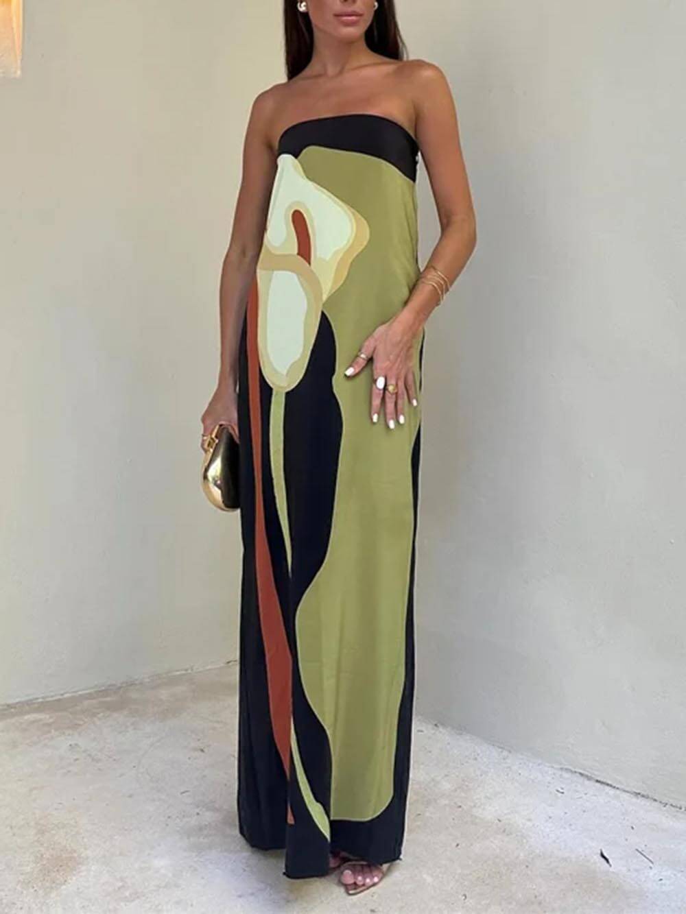 Off-Shoulder Contrast Print Maxi Dress