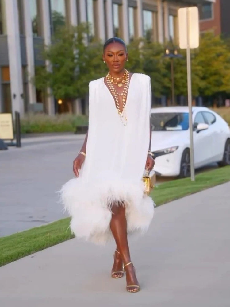 Feather Trim Asymmetric Midi Dress