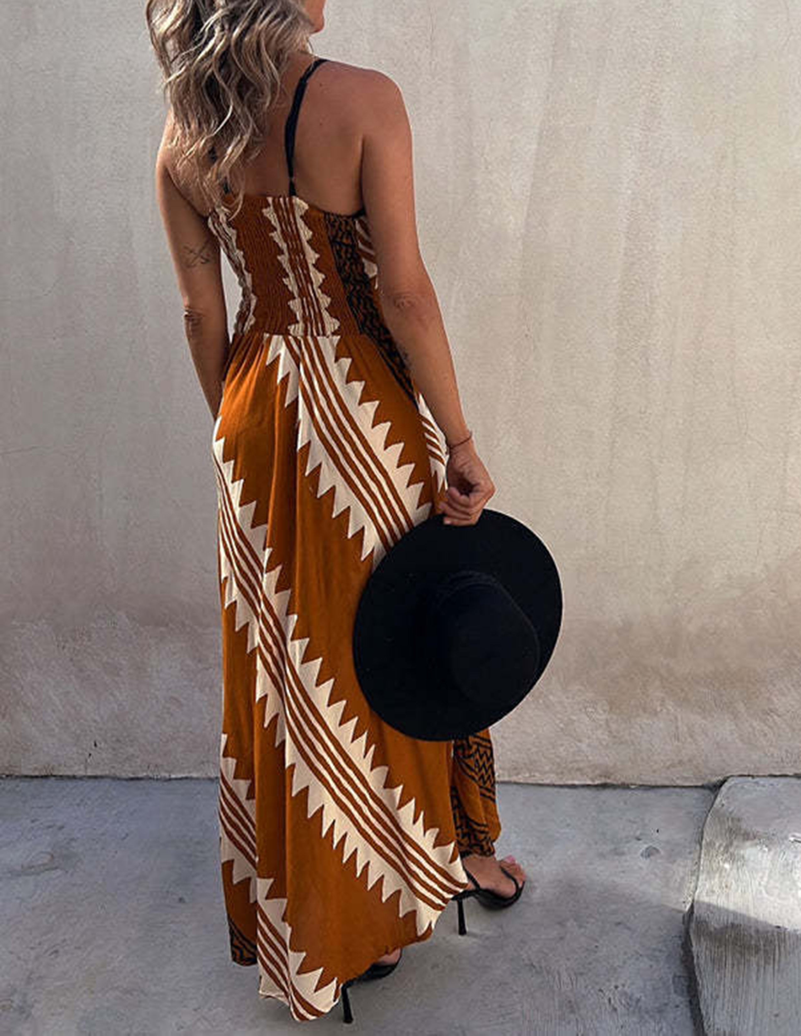 Smocked-Back Satin Print Midi Dress