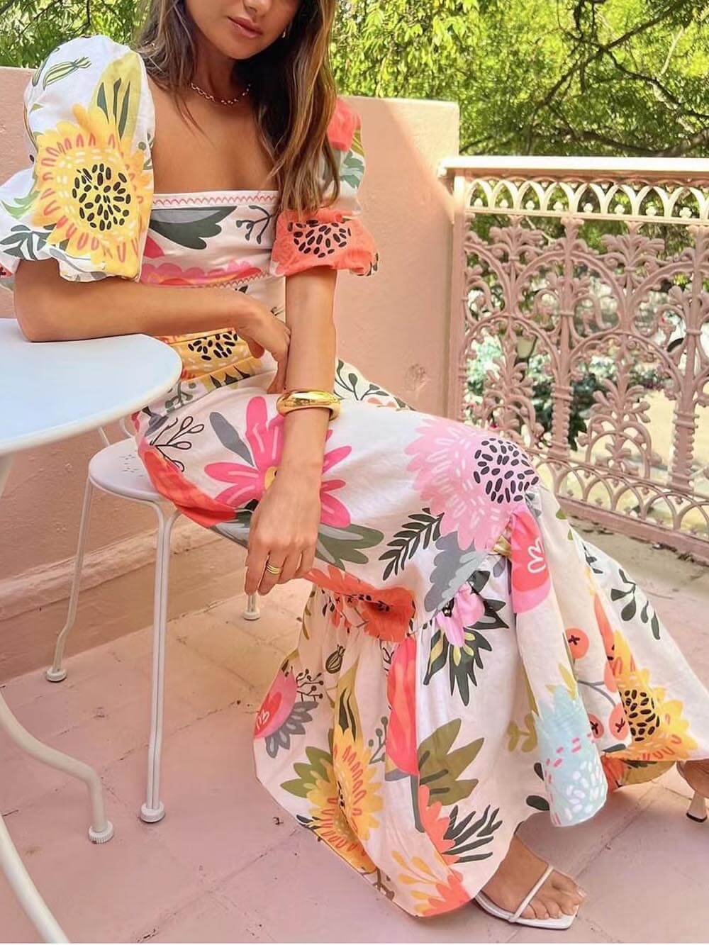 Square Neck Bubble Sleeve Maxi