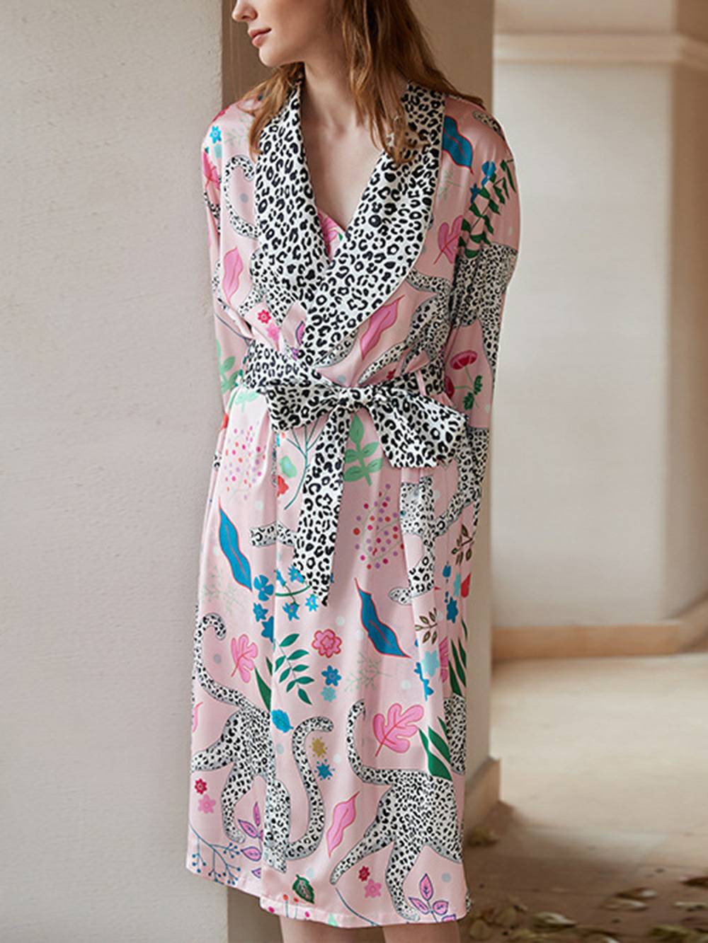 Pink Snow Leopard Silk Robe Set