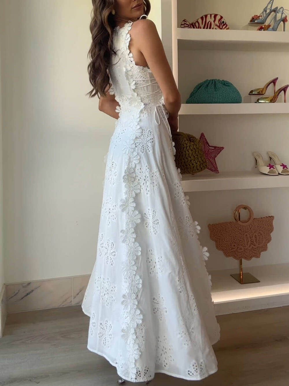 Crochet Lace-Up Maxi Dress