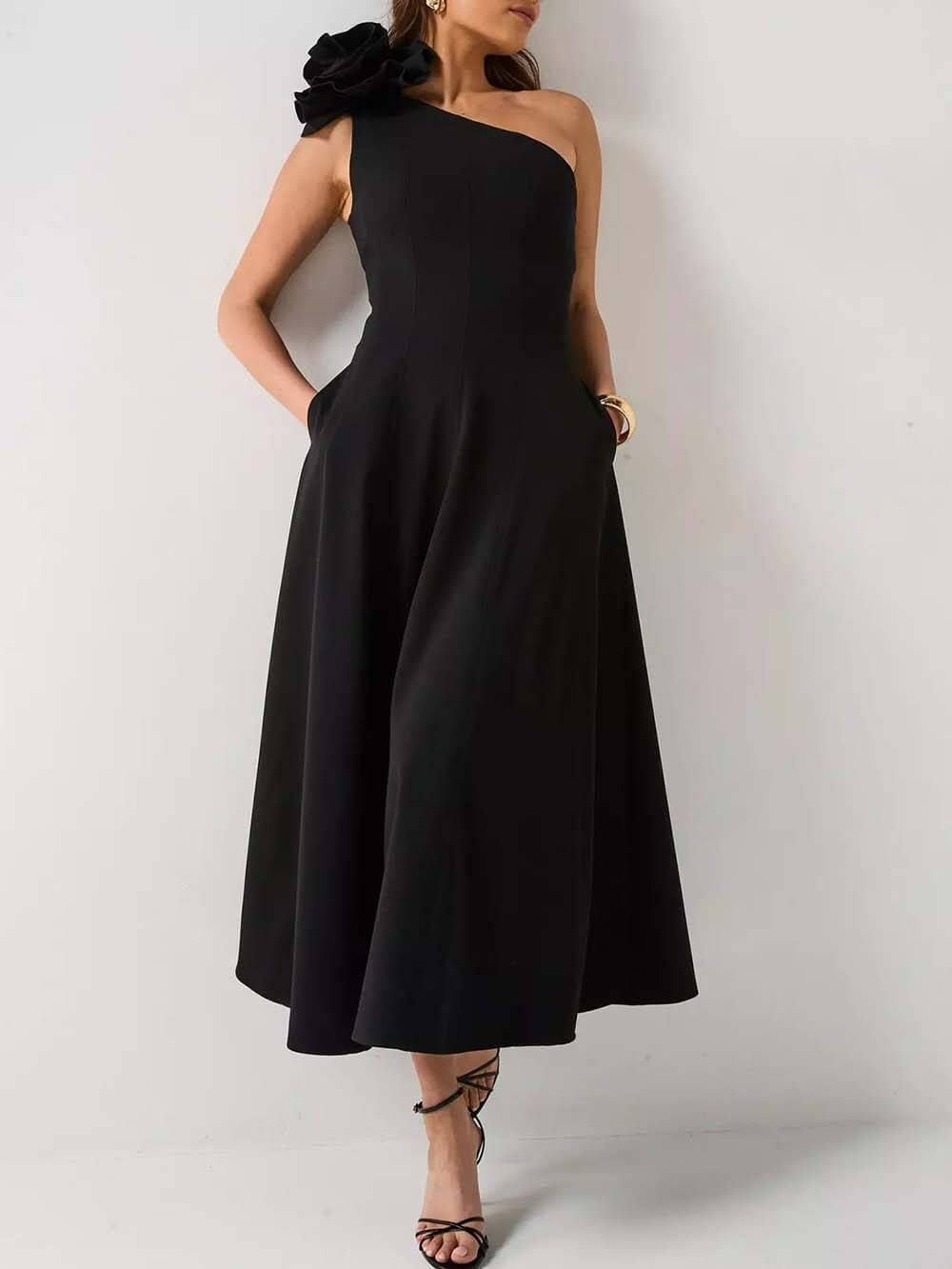 One-Shoulder Corsage Midi Dress