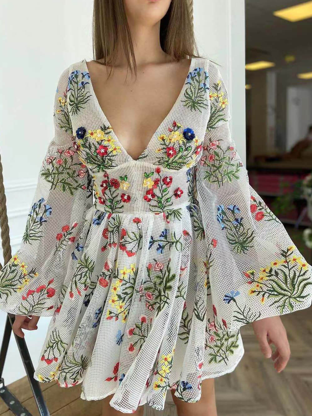 Lantern Sleeve Cut-Out Mini Dress