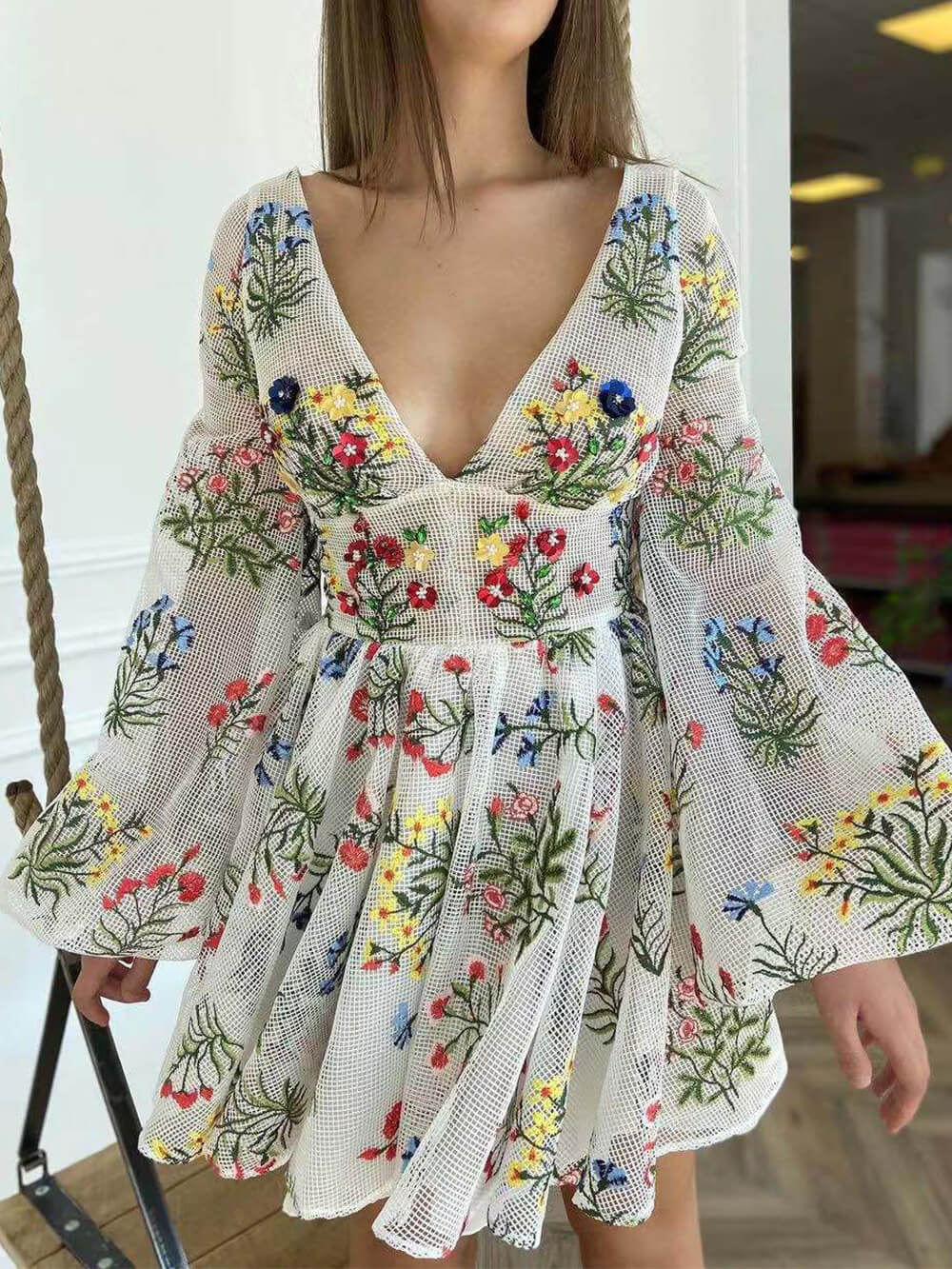 Lantern Sleeve Cut-Out Mini Dress