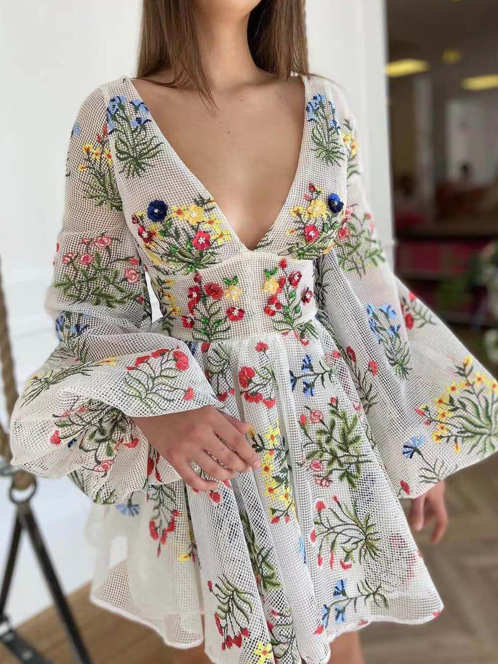Lantern Sleeve Cut-Out Mini Dress