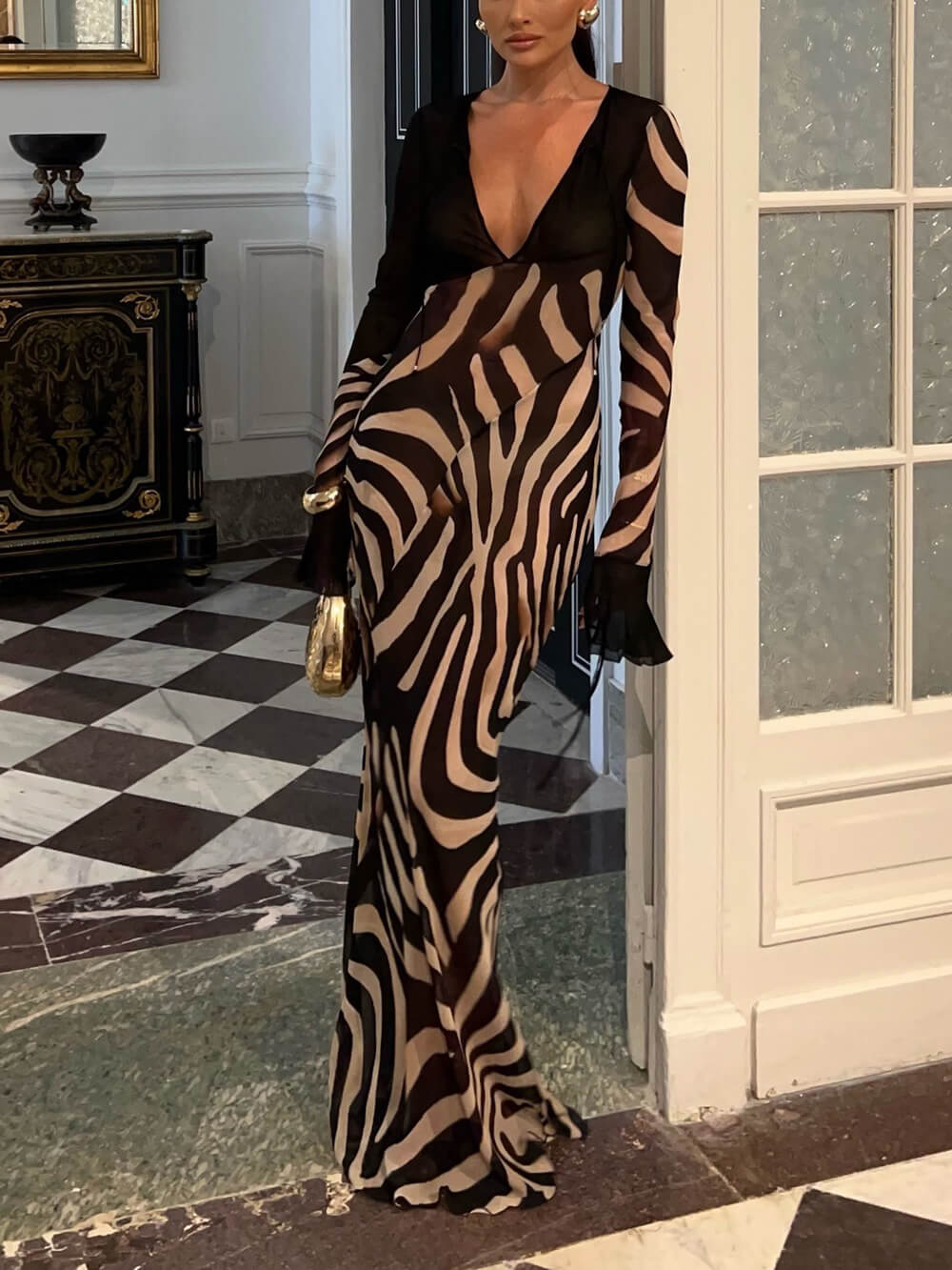 Animal Print Tie Chiffon Maxi Dress
