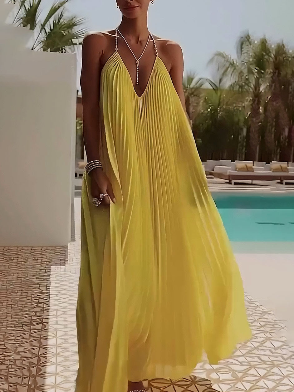 Pleated Backless V-Neck Maxi Dress