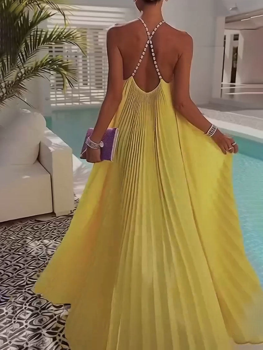 Pleated Backless V-Neck Maxi Dress