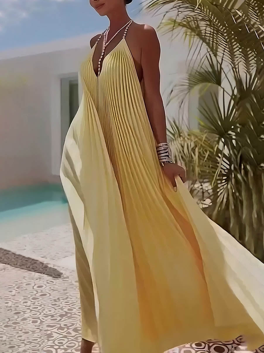 Pleated Backless V-Neck Maxi Dress
