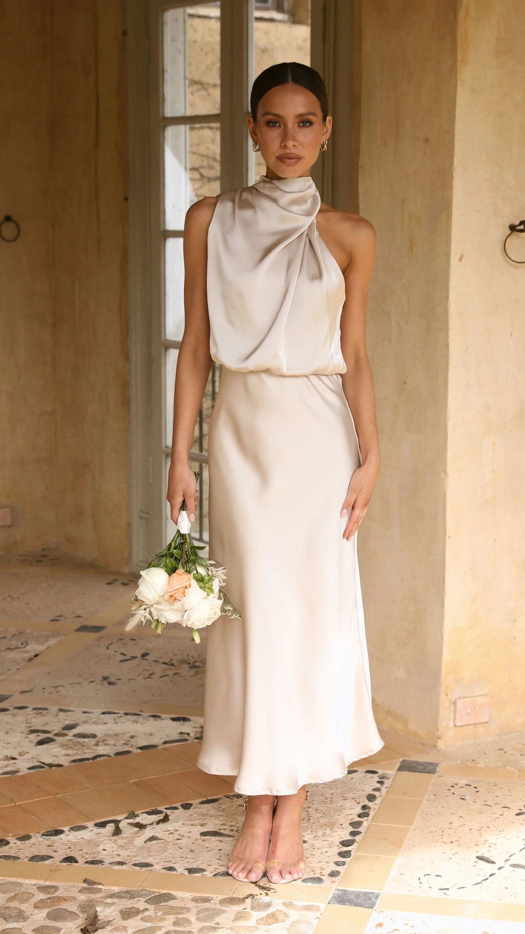 High Neck Draped Midi Dress
