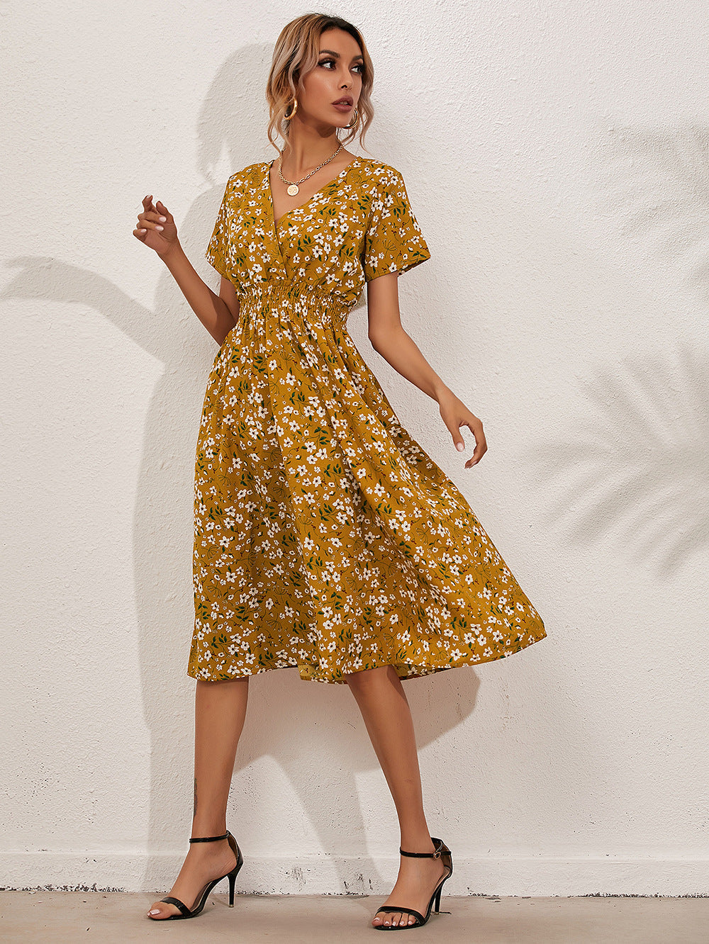 Small Floral Short-Sleeve Midi Dress